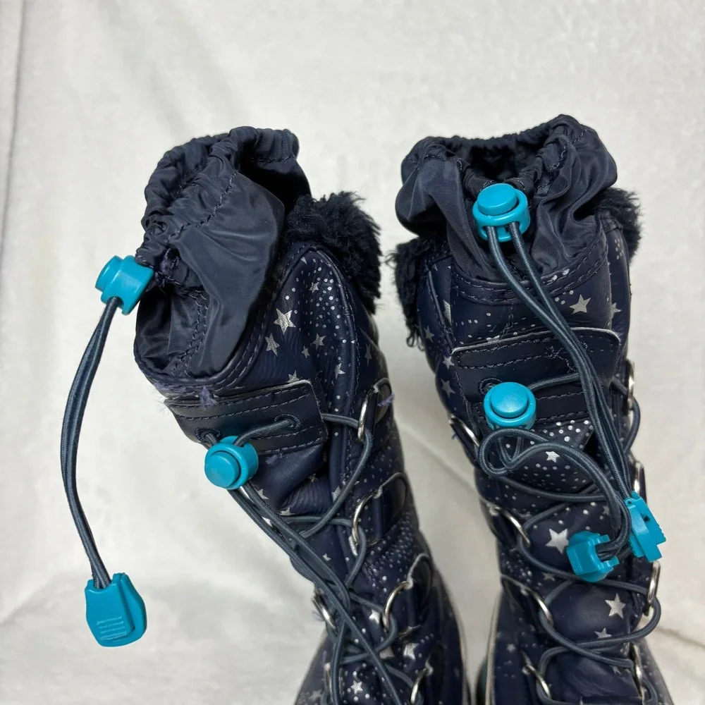 Lands' End Kids Navy Blue Star Print Winter Snow Boots Fur‎ Trim Warm Waterproof